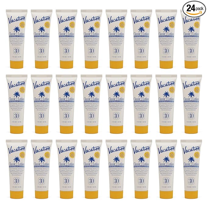 Vacation Mini Classic Sunscreen SPF 30, Water-Resistant, Bulk Suntan Lotion, Bachelorette Party Favors, Beach Must Haves, Traveling Essentials, Travel Size, 1 Fl. Oz. (Value Pack of 24)
