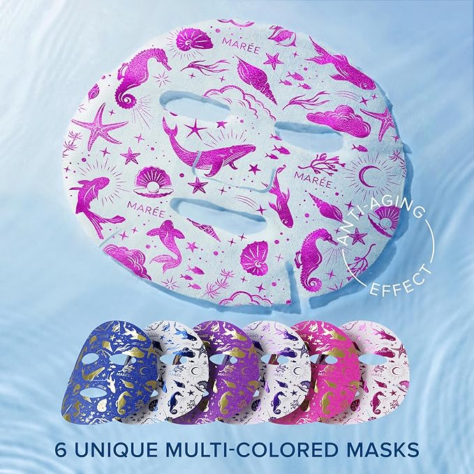 MAREE Collagen Facial Mask with Hyaluronic Acid — Sheet Face Mask Skincare — Centella Asiatica, Green & Red Algae Extract — Hydrating Facemask For Women Skin Care — Mascarillas Para La Cara — 12 Count