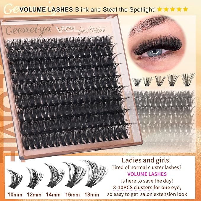 Geeneiya 5 Styles Lash Clusters Kit, Volume/Mega/Full/Bottom Eyelash Clusters Extensions with Lash Bond and Seal, Remover and Lash Extension Tools for Beginners and Proficient, DIY at Home Easily