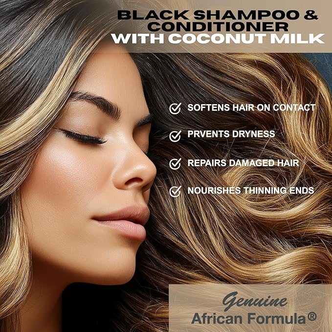 Black Shampoo & Conditioner with Coconut Milk | 2-in-1 Moisturizing Shampoo & Conditioner for Dry, Itchy, or Damaged Hair | Shea Butter, Keratin & Vitamin E | Hydrates, Smooths Frizz, Adds Shine, 16oz