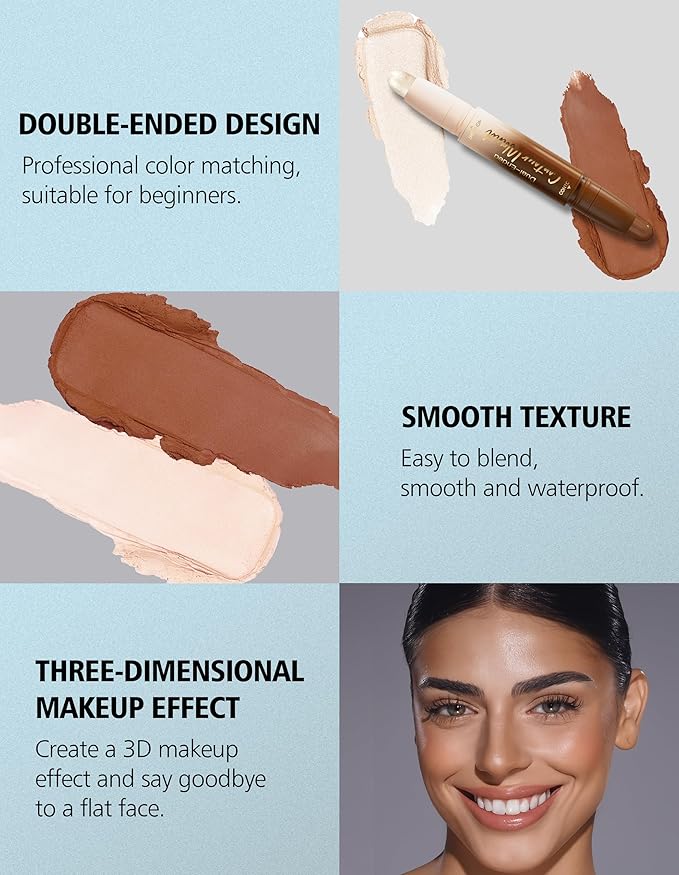 Erinde Dual-Ended Contour Stick, 2-In-1 Nose Contour & Highlighter Pen, Creamy, Buildable and Easy to Apply, Long Lasting Waterproof Cream Bronzer & Highlight Sticks, 23 Tan