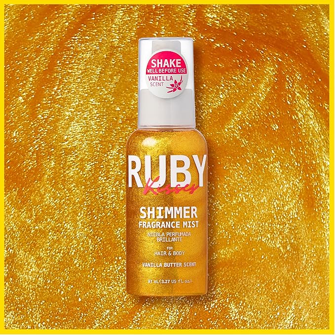 Ruby Kisses Shimmer Fragrance Body and Hair Mist Spray, Vanilla Glitter Body Perfume Spray, Skin Perfume, Liquid Illuminator Highlighter for Skin (GOLD)