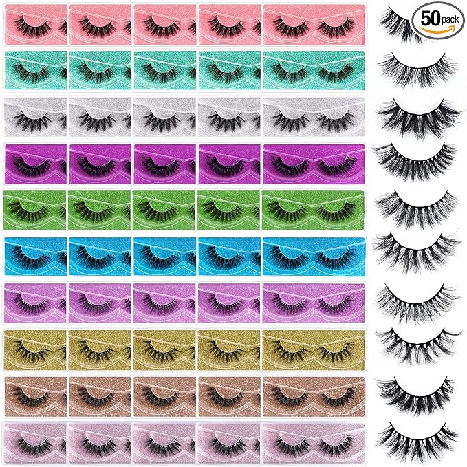 FARRED Wholesale Fluffy Dramatic Bulk Lashes Mix 10 Styles 50 Pairs Pack Individual Box 10-18mm Volume Faux Mink Eyelash Thick 8D Fake Lash Short Natural Look Eyelashes (style i-50 pairs)