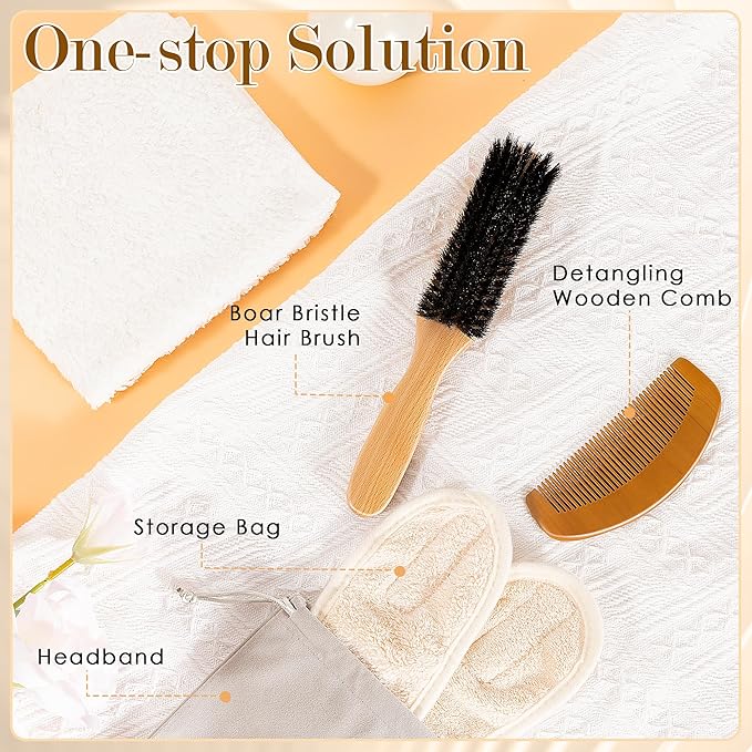 4PCS Boar Bristle Hair Brush Comb Set for Women Men Kid, Soft Natural Slick Back Hair Brush for Thin & Fine Hair, Travel Bag & Spa Headband Included