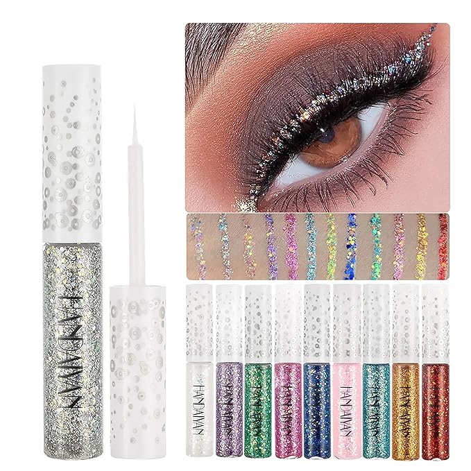 R.Y.M Silver Purple Gold Color Glitter Eyeliner Liquid,Long Lasting,Quick-drying,Waterproof, Shimmer Silver Glitter Eyeliner Eyeshadow for Party Festival Makeup (10#, 0.5 Ounce (Pack of 1))