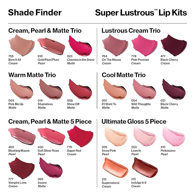 Revlon Super Lustrous 3-Piece Lipstick Gift Set, High Impact, Multi-Finish in Cream, Pearl & Matte, 755 Bare It All (Cream), 610 Gold Pearl Plum (Pearl), 023 Cherries in the Snow (Matte) (Pack of 3)