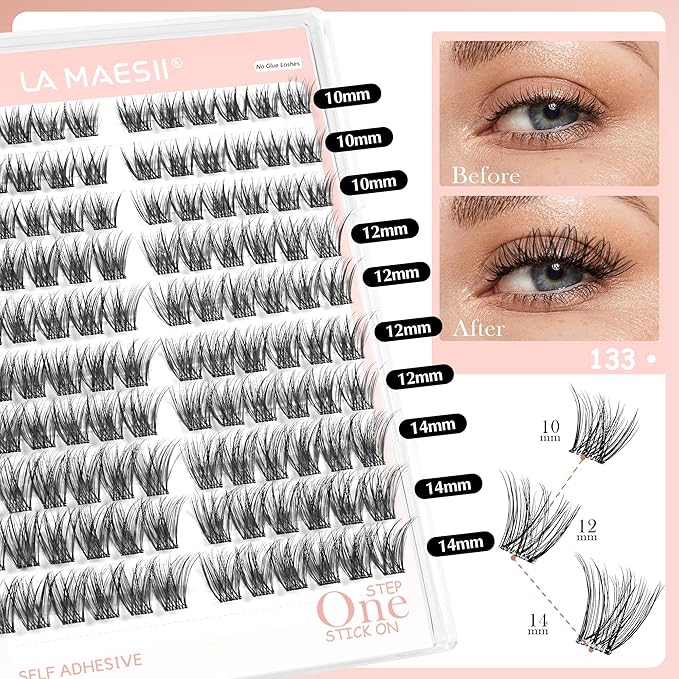 La Maesii Self Adhesive Eyelashes, No Glue Clear Band Eyelashes Natural Individual Press On Lashes,10-14mm Wispy Clear Band Self Adhesive Lash Clusters Kit with Eyelash Tweezers（Kit-133）