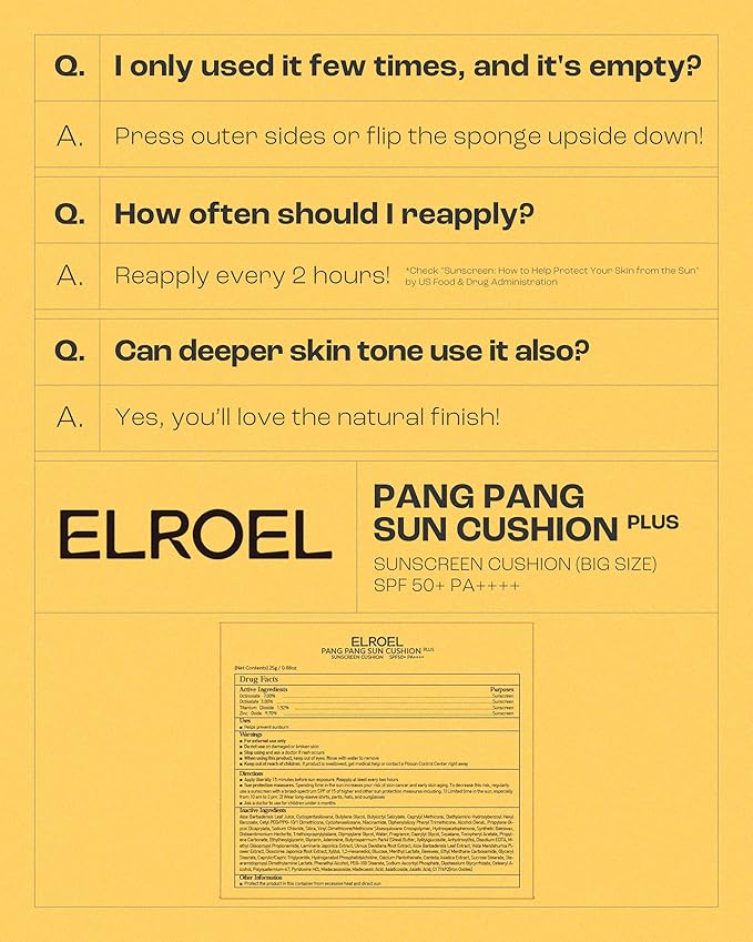 ELROEL Pang Pang Big Sun Cushion Plus Refill - Korean Hypoallergenic & Cooling Face Sunscreen with Puff Sponge - Broad Spectrum SPF50+ PA++++ (0.88 oz)