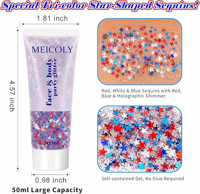 MEICOLY 50g Star Shaped Red White and Blue Body Glitter Face Glitter Gel, Patriotic Accessories Hair Glitter for 4th of July Outfits for Women, Fourth of July USA Accessories for Independence Day