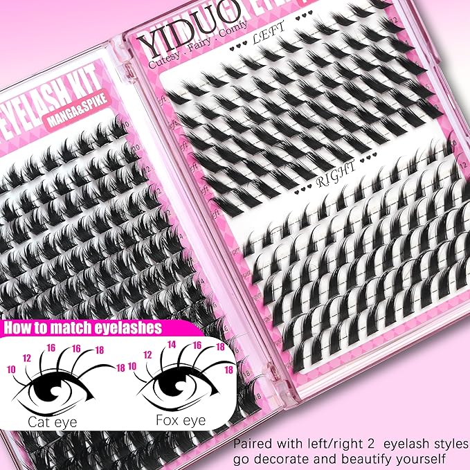 YIDUO Manga Lash Clusters Kit 2 Styles Volume Fairy + Cat Eye Cartoon Clusters Eyelash Extensions Kit with Lash Bond and Seal Remover Tweezers 10-18mm Wispy Individual DIY Lashes Book Kit