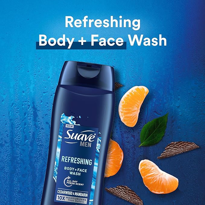 Suave Men Moisturizing Body & Face Wash, With Cedarwood and Mandarin Scent, No Parabens, No Phtahaltes, 18 Oz (Pack of 12)