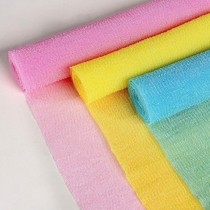 ARCH&M 3-Pack Premium Nylon Exfoliating Towel - 35-Inch Quick-Dry, Hygienic Japanese Washcloth for Body & Back - Durable, Machine Washable, Long-Lasting (Peach Purple Pink)