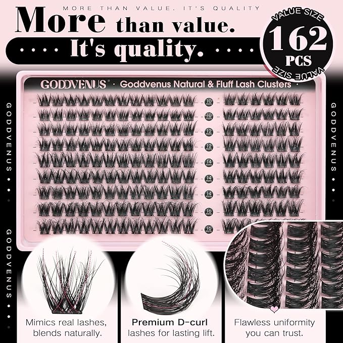 Goddvenus Natural Lash Clusters Wispy Cluster Eyelash Extensions, Fluffy DIY Lash Extension Natural Look False Eyelashes, D Curl Individual Lashes (D Curl 162pcs)