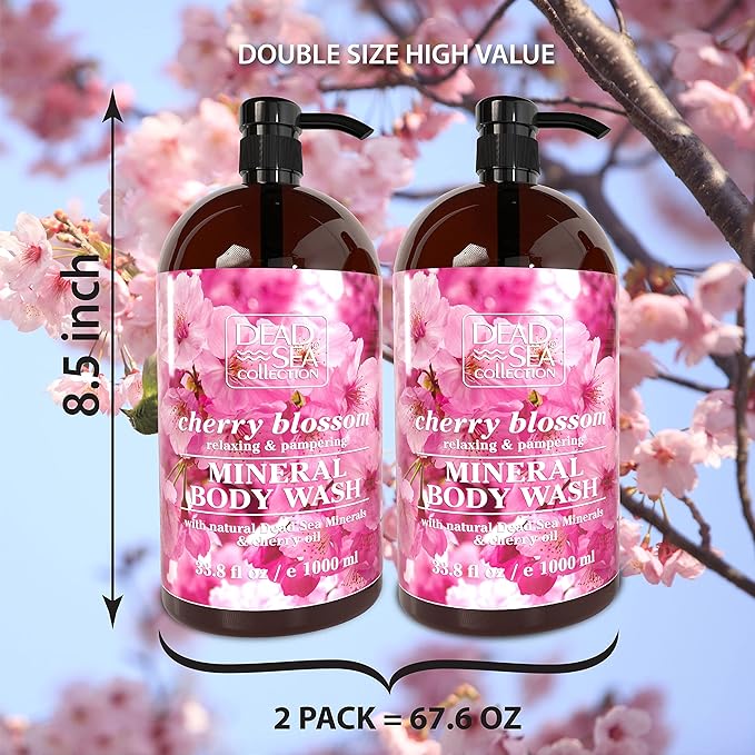 Dead Sea Collection Cherry Body Wash for Women and Men - with Pure Dead Sea Minerals and Cherry Seeds Oil - Cleanses and Moisturizes Skin - Pack of 2 (67.6 fl. oz)