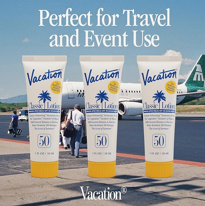 Vacation Mini Classic Lotion SPF 50, Water-Resistant, Mini Sunscreen Bulk Party Favor, Beach Must Haves, Traveling Essentials, Suntan Lotion Travel Size, 1 Fl. Oz. (Value Pack of 24)