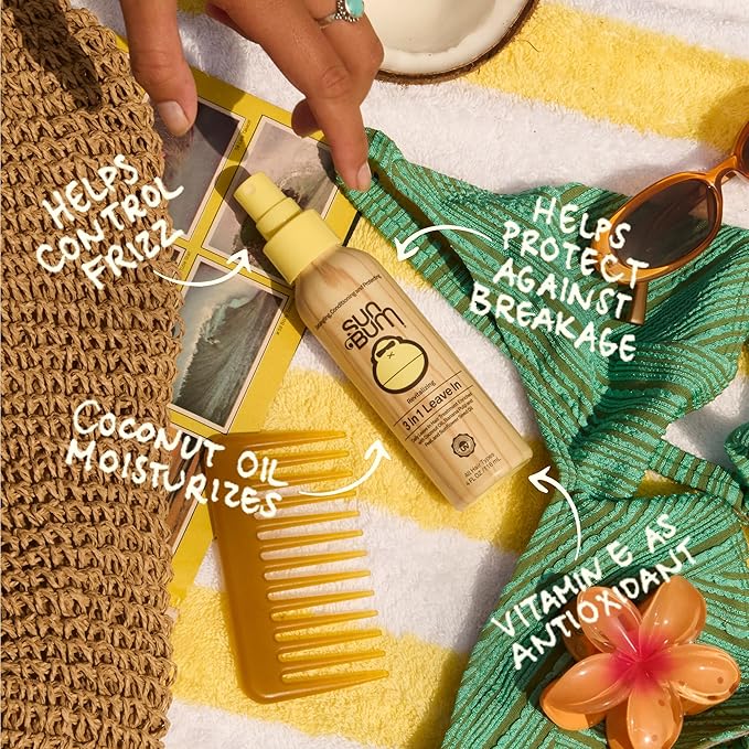 Sun Bum Revitalizing 3 in 1 Leave In Conditioner - Anti Frizz Detangler - Color Friendly with UV Protection - Enriched with Coconut Oil and Banana - Travel Friendly 1.5 oz (Pack of 3)