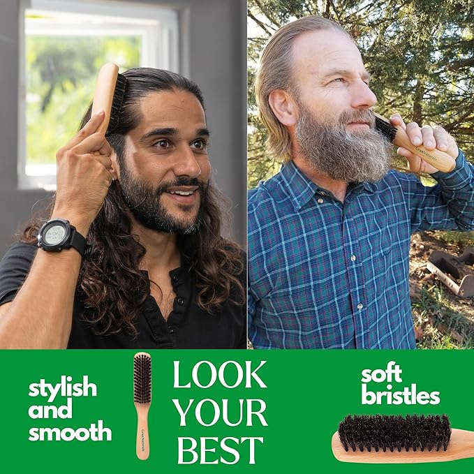 GranNaturals Boar Bristle Slick Back Hair Brush - Large Soft/Medium Smoothing Hairbrush to Style, Polish, & Lay Hair Down Flat to Create a Sleek Frizz Free Hairstyle for Women and Men