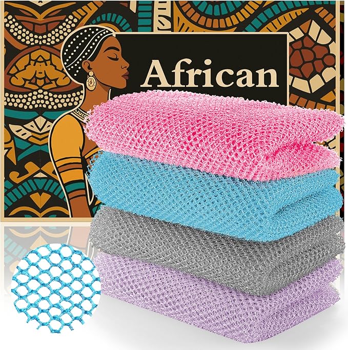 4PCS African Net Sponge - Exfoliating Bath Scrubber for Face/Body, Portable Travel Pack, Durable & Mild Exfoliation(Light Purple,Gray,Sky Blue,Pink)