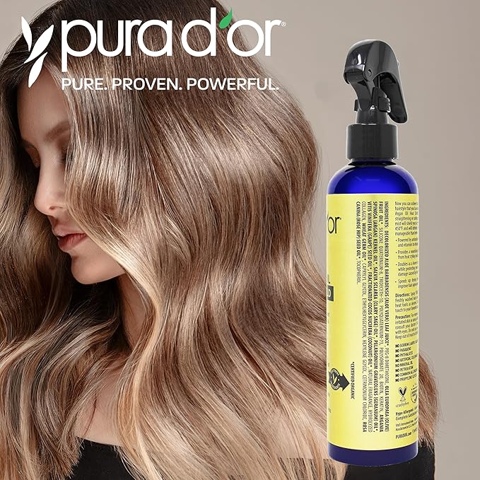 PURA D'OR 8 Oz Argan Oil Heat Shield Protectant Spray with Select Organic Ingredients,Protects Up To 450º F From Flat Iron & Hot Blow Dry,Leave-In,Define & Shine Dry-& Damaged Hair,(Pack of 2)