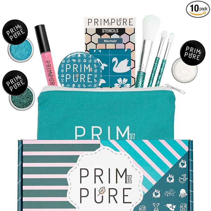 Prim and Pure Kids Makeup Gift Set - Stencil, Makeup Eyeshadow Bioglitter Lip Gloss and Cosmetic Bag Mirror Makeup Brush Accessories (Mermaid Blue)