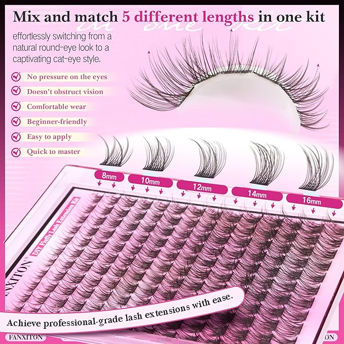 DIY Lash Extension Kit Natural Look Wispy Lash Clusters D 154 pcs Lashes Clusters 8-16 mm Eyelash Extension Kit Lash Bond and Seal Lash Tweezers Individual Lashes Lash Cluster Kit For Beginners