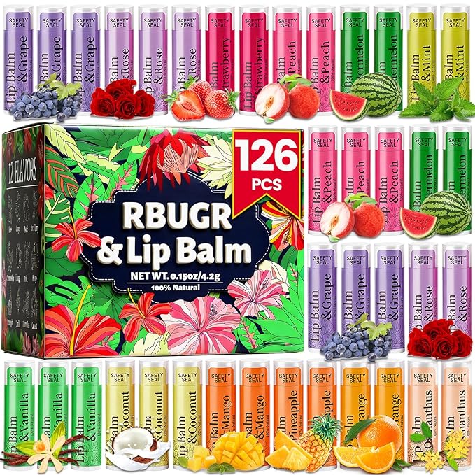 RBUGR 126 Pcs Lip Balm Bulk- 12-Flavored Natural Organic Moisturizing Lip Balm Set for Cracked Lips, Bulk Pack Valentine Party Favors Gifts (4.2g/0.15oz)