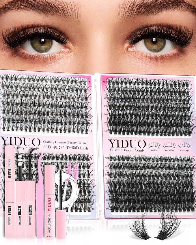 YIDUO Lash Extension Kit 30D+40D+50D+60D Cluster Lashes Extension 8-16mm, Wispy Individual Lashes with Bond,and Seal, Remover & Tweezers, DIY Eyelash Extensions for Beginners pestañas postizas