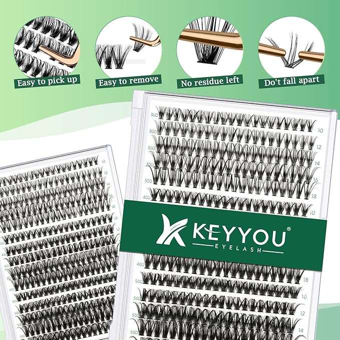 KEYYOU Lash Clusters 300pcs Individual Lashes, 30D40D50D 0.07D Curl 10-18MIX DIY Eyelash Extension, Soft & Natural Volume Cluster Lashes with Large Tray