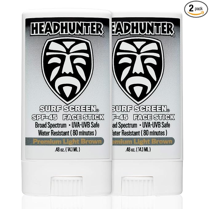 Headhunter Sunscreen Face Stick SPF 45, Waterproof Surf Sunblock for Waterman, Water-Resistant Facial Sunscreen for Ultra-Sport Protection and Solar Defense (80 min), Tinted Light Brown (2 pack)