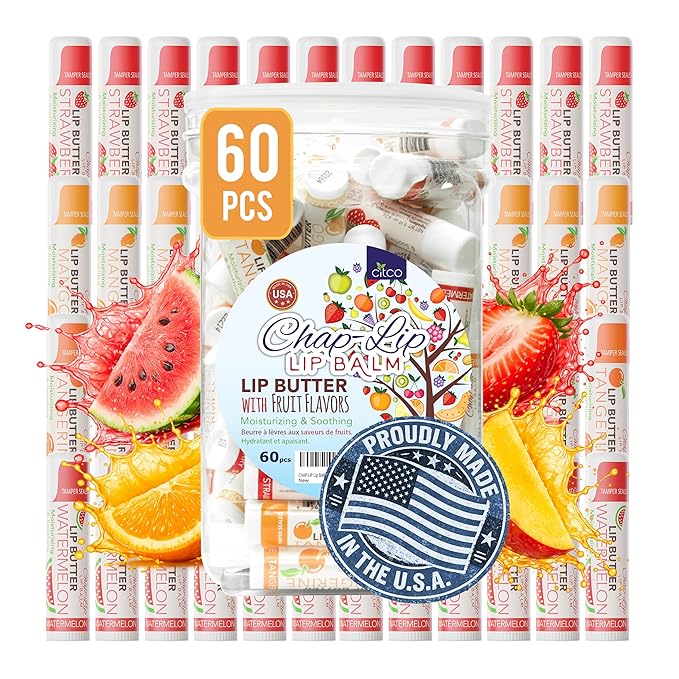 CHAP-LIP Original Lip Balm Hydrating Bulk Chap Stick with Fruit Flavors, Coconut Oil, and Cocoa Butter - Christmas Gift Stocking Stuffers Lip Therapy Pack for Men and Women - Made in the USA, 60 Pack