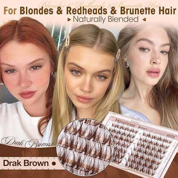 Brown Lash Clusters 10-12-14MM Natural Wispy Eyelash Extensions Airy Fluffy Spider Lash Extension with C-Curly & Ultra-Fine Clear Band for Everyday Wear, Beginer-Friendly