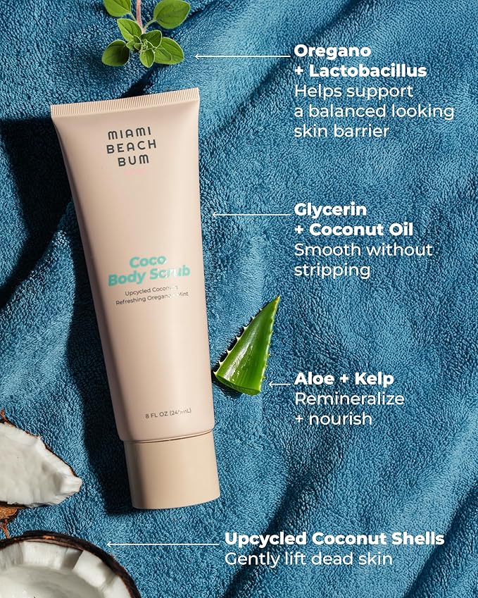 Miami Beach Bum Coconut Body Scrub - 8 oz Coco Body Exfoliator Scrub with Oregano, Lactobacillus, Aloe, Glycerin & Coconut Oils for Breakouts & Irritation - Made with Upcycled Coconut Shells