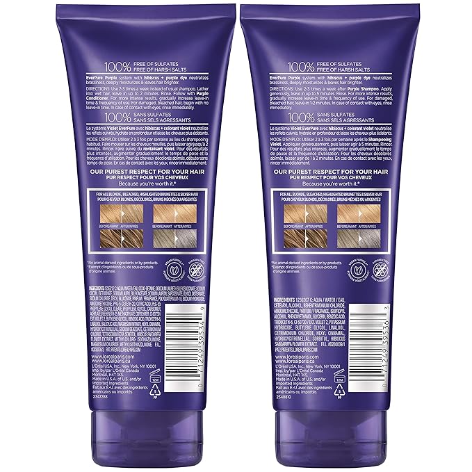 L’Oreal Paris EverPure Sulfate Free Brass Toning Purple Shampoo and Conditioner for Blonde,Bleached,Silver,or Brown Highlighted Hair,(Pack of 6)