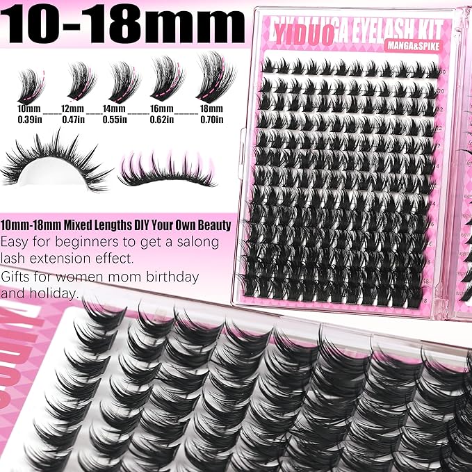 YIDUO Manga Lash Clusters Kit 2 Styles Volume Fairy + Cat Eye Cartoon Clusters Eyelash Extensions Kit with Lash Bond and Seal Remover Tweezers 10-18mm Wispy Individual DIY Lashes Book Kit