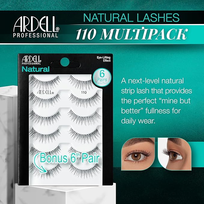 Ardell False Eyelashes, Natural Lashes 110 - Lightweight Reusable Strip, Eye-Lifting Effect, 5 Pairs + Bonus Pair