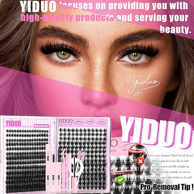 YIDUO Spikes Lash Clusters Kit 406Pcs Volume Manga Cluster Eyelash Extensions Kit 10-18mm Wispy Lashes Clusters wide band Anime Individual Lash Cluster with Lash Glue Easy to Use for Beginners