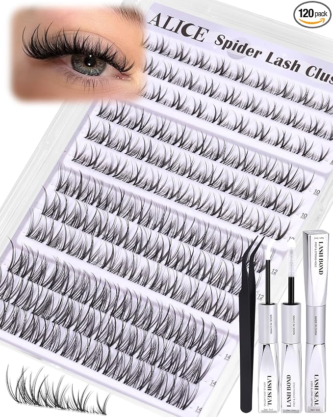 Spider Lash Clusters Kit Wispy Eyelash Clusters Kit Natural Cluster Eyelash Extension Kit CC-Curly 8mm-14mm Invisible Band Individual Lashes with White Bond and Seal DIY at Home