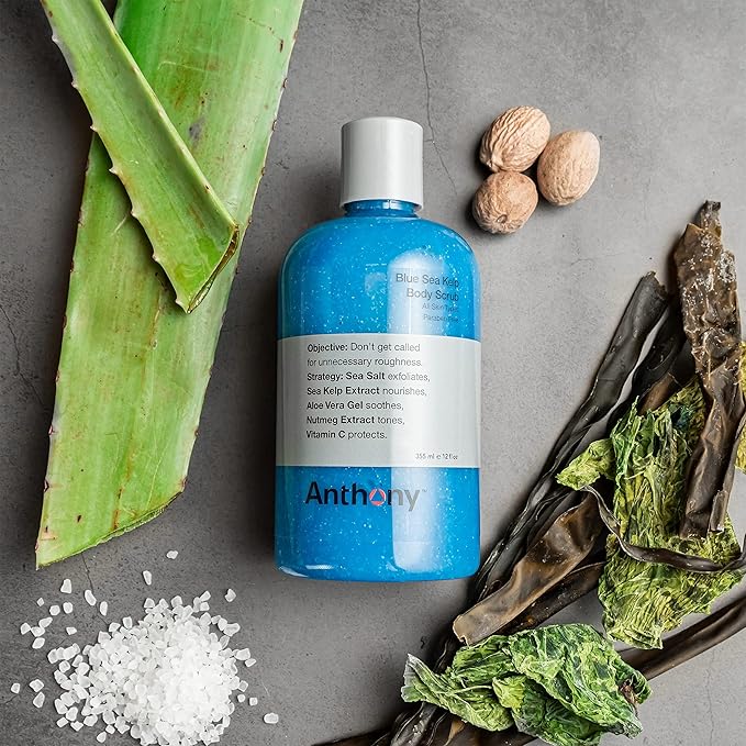Anthony Exfoliating Body Scrub, Sea Salt, Vitamin C & Aloe Vera, Deep Cleans, Smooths Rough Patches, Soothes & Protects Skin, Hydrating Blue Sea Kelp Body Wash, 12 Fl Oz, Refreshes & Revitalizes
