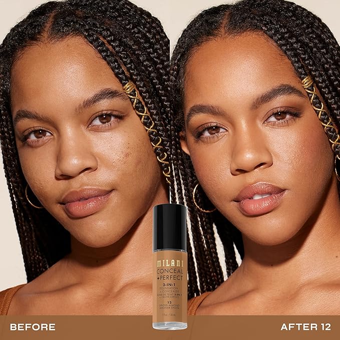Milani Conceal + Perfect 2-in-1 Foundation + Concealer for a Flawless Complexion, Under Eye Corrector, Cover Redness and Imperfections, Waterproof and Sweatproof - 12-Spiced Almond