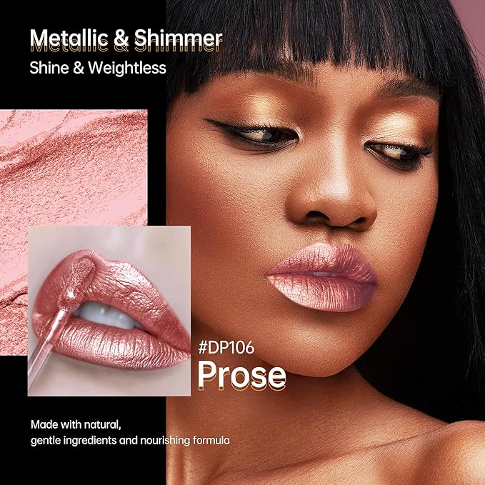 Depuplum Nude Pink Lipsticks for Women Metallic Lipstick Long Lasting Shimmer Lip Gloss Metal Shine Glitter Waterproof Lipsticks Full Coverage Lip Color for Mother's Day,DP106 Prose