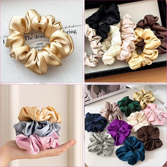 100% Pure Mulberry Silk Hair Ties, 4 Pack - Black, Champagne & Grey, 16 Momme Silk Scrunchies for Women, Girls & All Hair Types