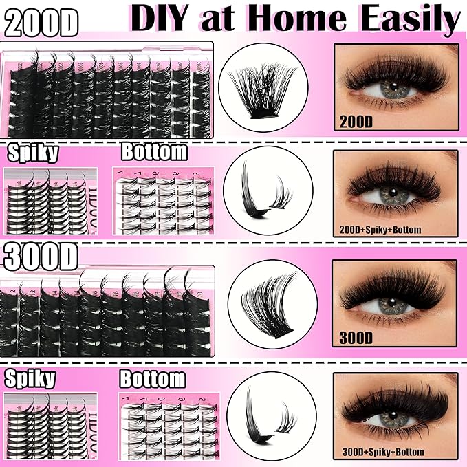 YIDUO Lashes Clusters Kit 200D+300D+Spikes+Bottom Cluster Lash Extensions Kit with Lash Bond and Seal |Tweezers |Removers |Eyebrow Brush (200D+300D-10-18MIX Thick Kit)
