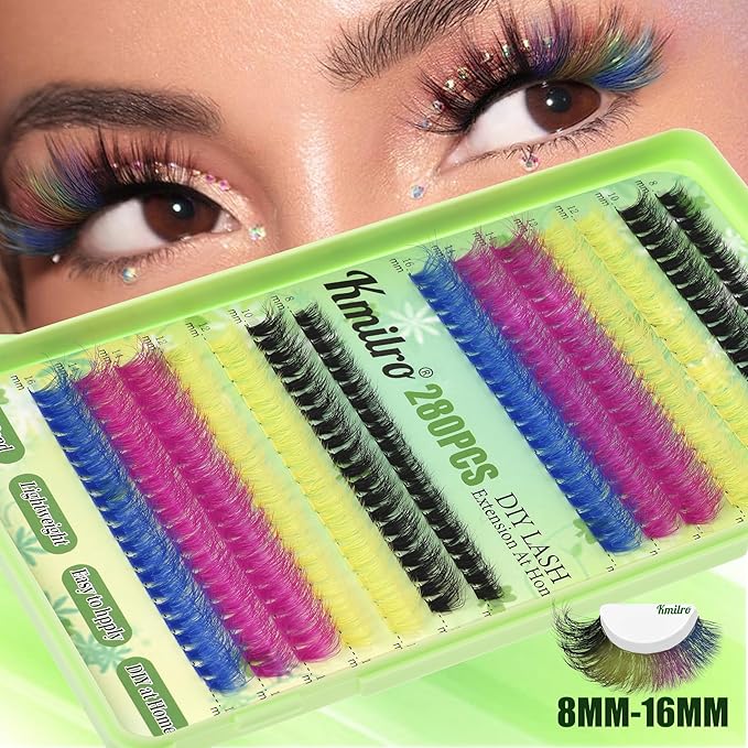 Colored Lash Clusters 160D Fluffy Cluster Eyelash Extensions 8-16mm Waterproof D Curl Volume Eyelash Clusters 280Pcs 4 Colors Individual Lashes Soft Wispy False Eyelashes DIY Lash Extension, by Kmilro