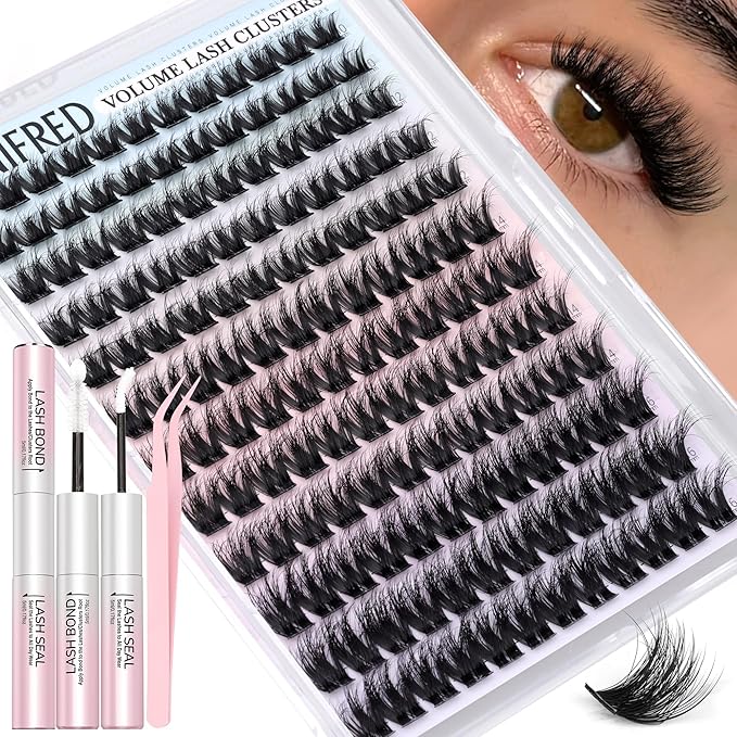 Winifred Natural Fluffy Lash Clusters Kit 3D Wispy Eyelash Clusters Light Volume Eyelashes DIY Lash Clusters 10-16mm Lash Extension Kit D Curve Hyrid Lashes With Lash Bond and Seal,Lash Tweezers