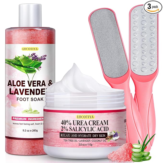 LUCOTIYA Pedicure Kit Foot Spa Soak Set Callus/Cuticle Remover File, Dead Skin Urea Cream for Feet Aloe Lavender Pedicure Supplies for Dry Cracked Feet for Women Men ﻿