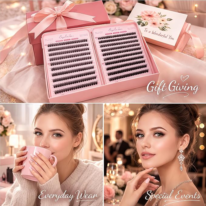Lash Clusters Kit, Eyelash Clusters Individual Lash Extension Kit 480 Pcs D Curl Fluffy Wispy False Eyelashes Extensions Thin Band with Bond Seal Tweezers Brush Removers (80D+100D KIT9-16mm)