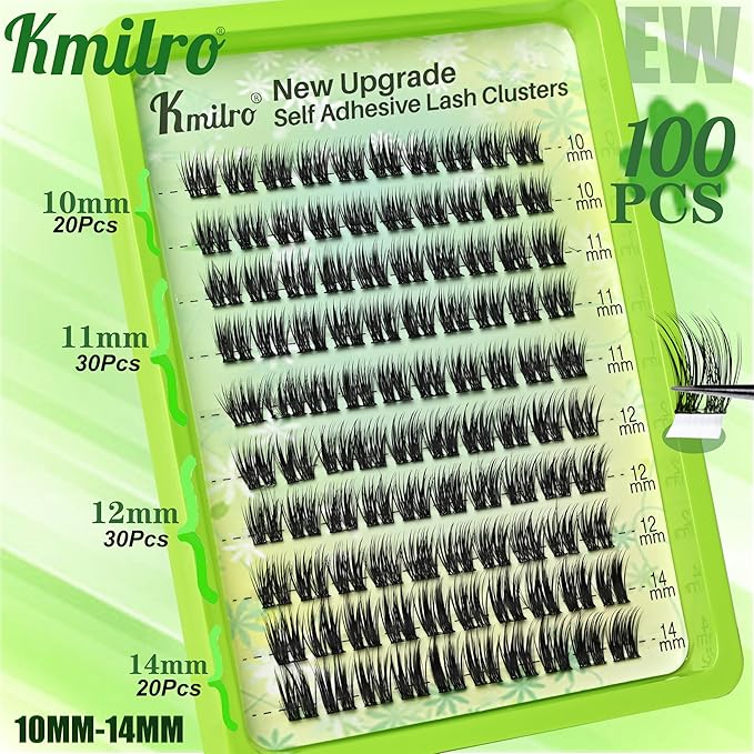 Self Adhesive Eyelashes 10-14mm Wispy Lash Clusters Pre-Glued No Glue Needed Reusable Waterproof Press on Lashes for Natural Look 100Pcs with Tweezers Easy Apply Beginner Friendly Kit