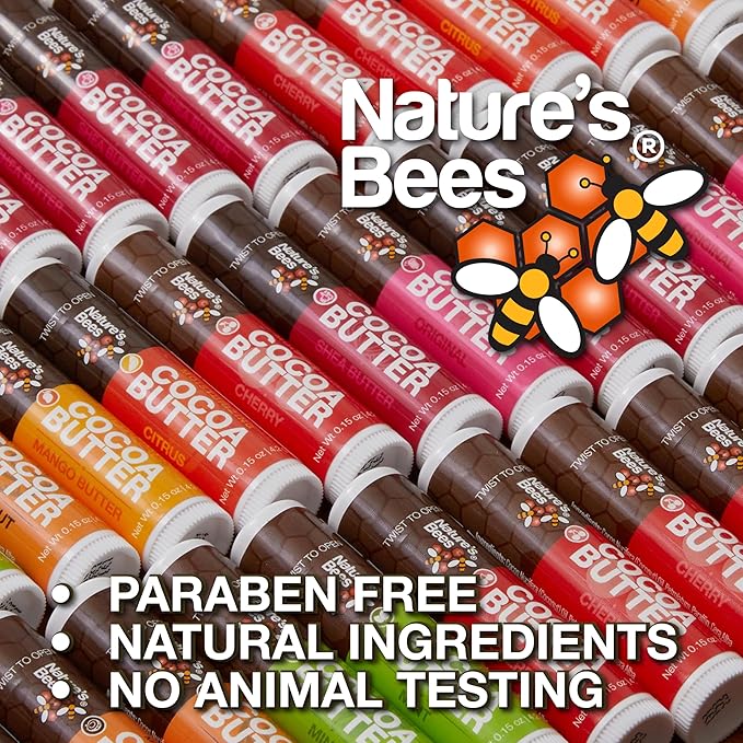 Nature's Bees, Cocoa Butter Lip Balms, Lip Moisturizer Treatment - Pack of 72, (Original Variety Assortments - Original, Olive Oil, Mango Butter, Shea Butter)