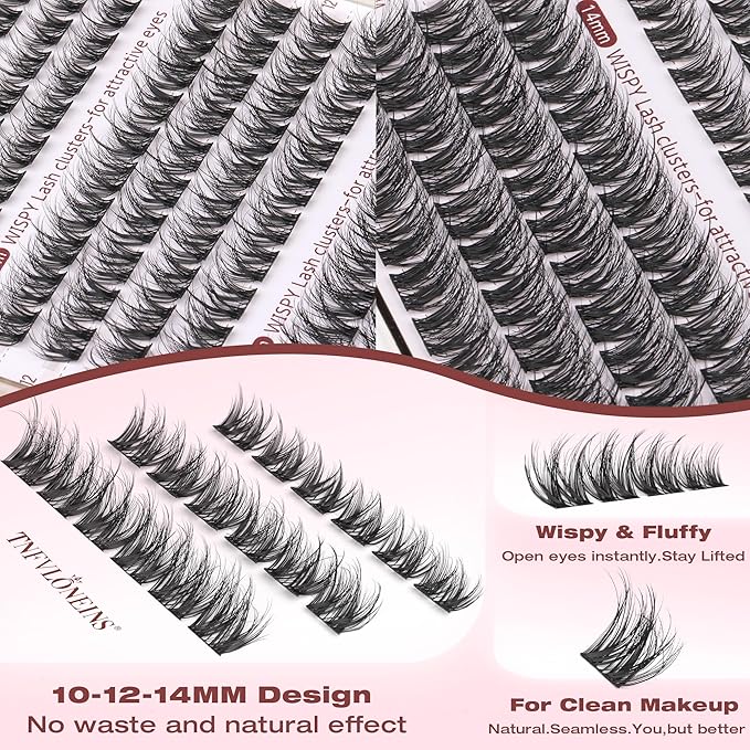 Wispy Lash Clusters Fluffy Eyelash Clusters 10-12-14mm Natural Cluster Eyelash Extensions Wide Band Lashes Clusters C Curl Individual Lashes DIY Lash Extension for Daily Clean Makeup by TNFVLONEINS