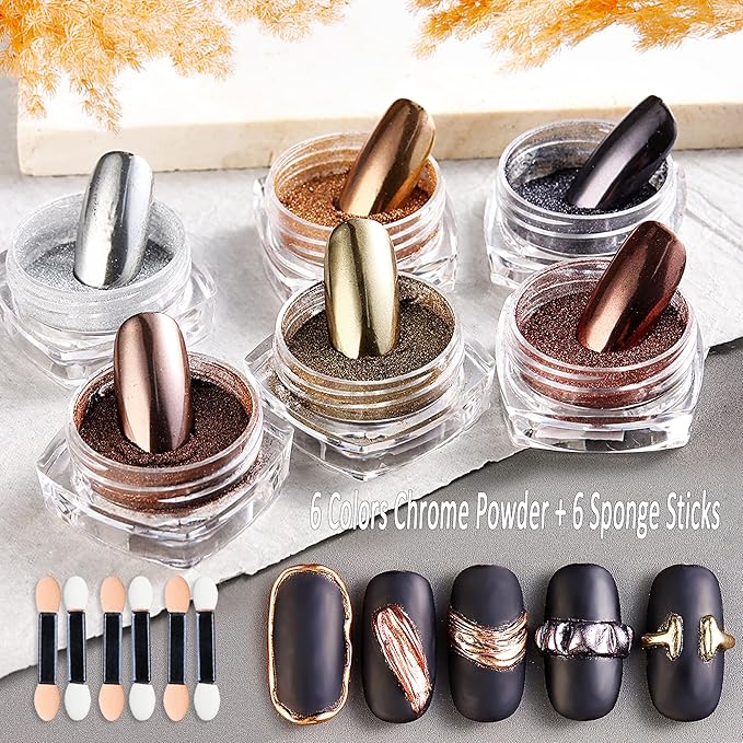 Chrome Nail Powder 6 Colors Metallic Chrome Powder for Nails Brown Bronze Gold Mirror Effect Rubbing Pigment Dust Fall Nail Art Glitter Set for Gel Polish Nail Art Design Manicure Decoration